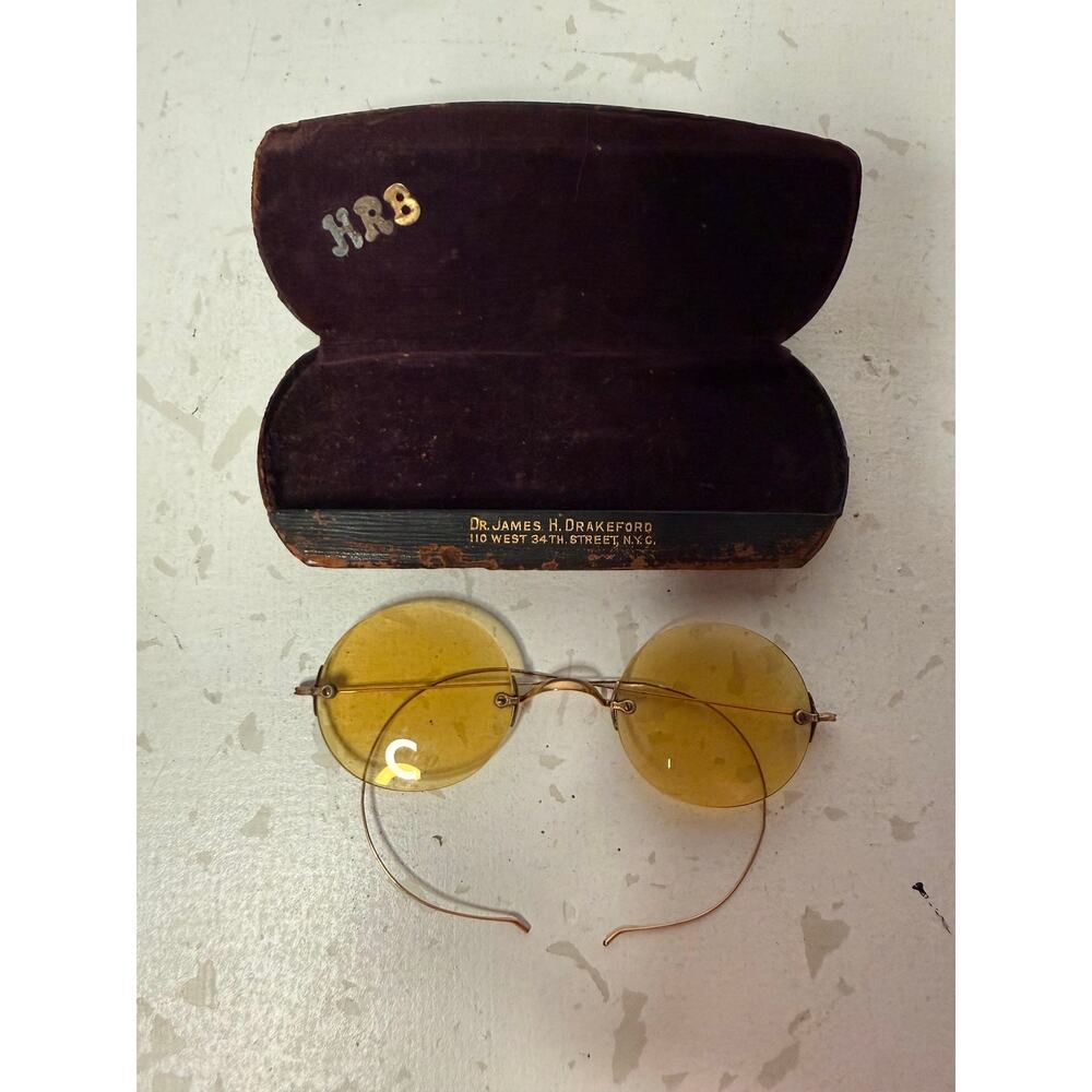 VTG Gold-Toned Metal Temple Arm Wire-Rim Eyeglasses Antique Doctor NYC